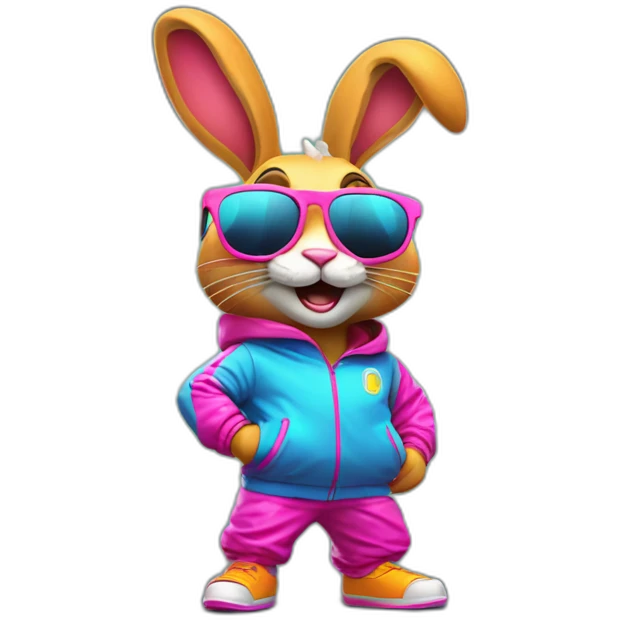 crazy rabbit in retro neon track suit and sunglasses, full body emoji