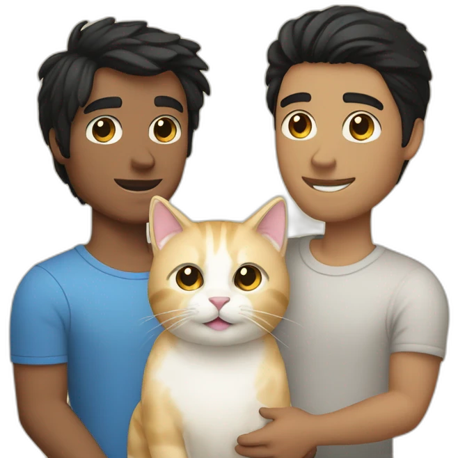 Gay couple, 1 guy Latino black straight black hair and 1 Australian white guy with blonde slightly curly hair holding a cat emoji