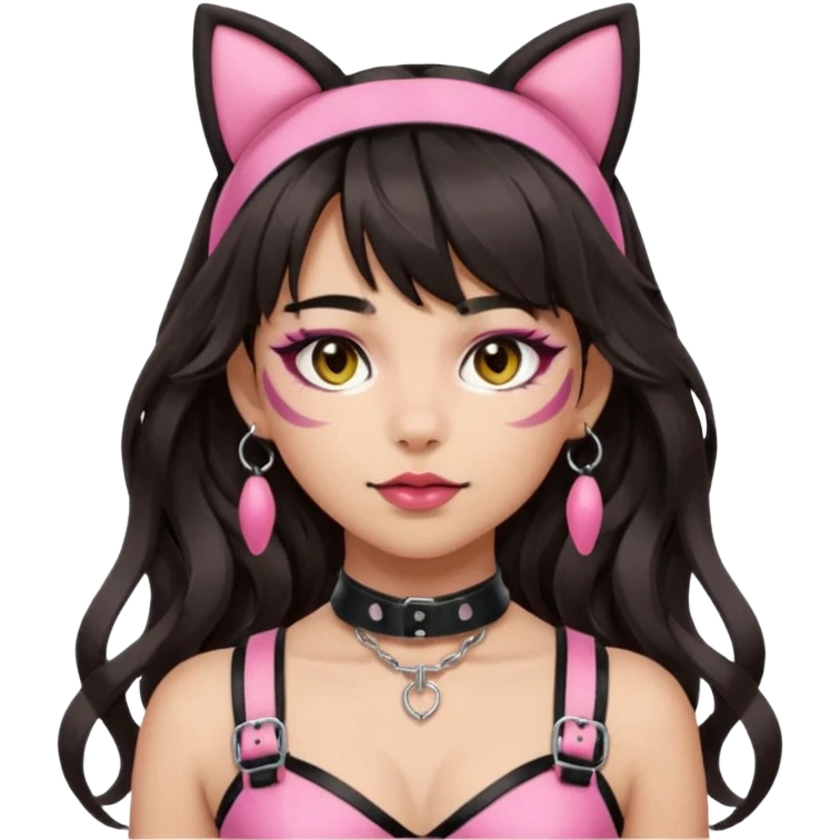 Add bangs to her hairstyle. Keep the makeup natural and minimal. Maintain light-medium Hispanic skin tone, long dark wavy hair, cat ears, and pink BDSM-inspired harness. Apple emoji style with transparent background. emoji