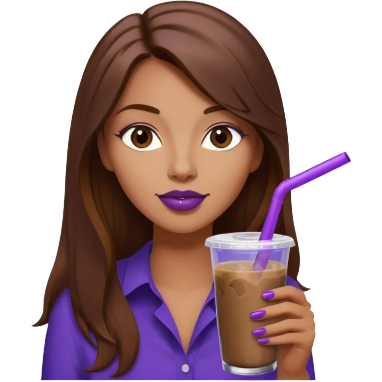girl with long brown hair and wine lipstick drinking a blueberry butter pecan iced coffee with a purple straw  emoji