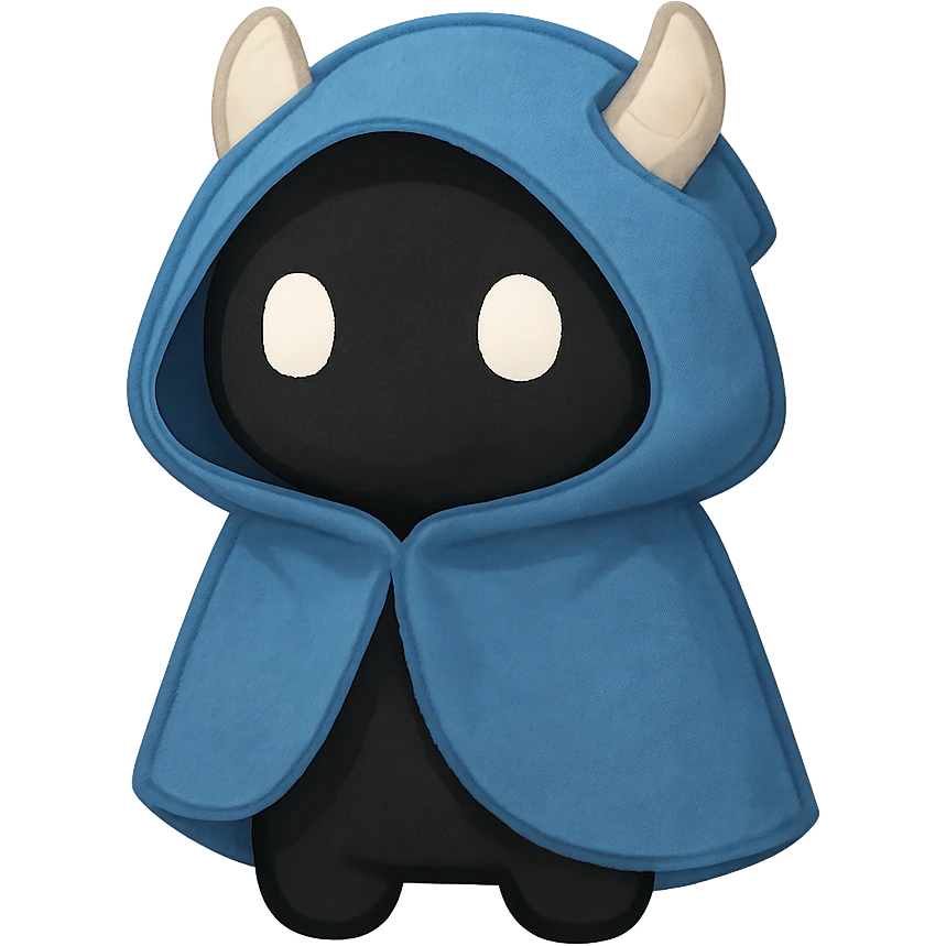 cute figure with a blue cloak, black body, white eyes, little horns visible beneath the hood emoji