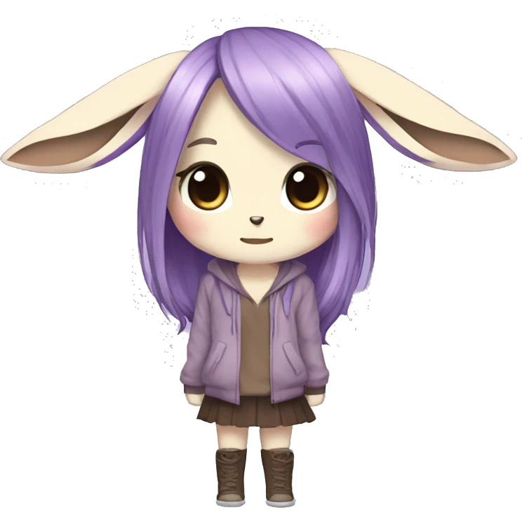 Kawaii Pale Eevee with dark brown long emo hair covering her eyes, violet iris Full Body emoji