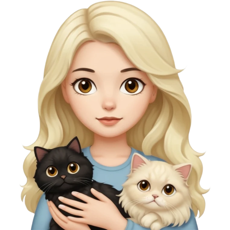 A white girl with brown eyes and black hair long downward wave is holding her blonde persian cat emoji