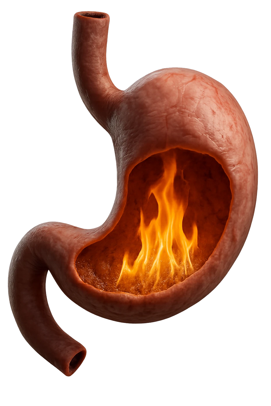 stomaco umano anatomico  con fiamma che brucia all'interno, iperrealistico 4k emoji