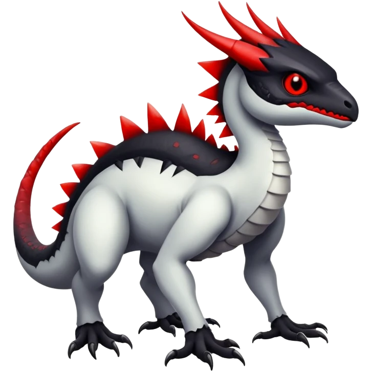 a white exotic edgy vernid-fionbr-Fakémon-creature, with black belly and red eyes, full body emoji