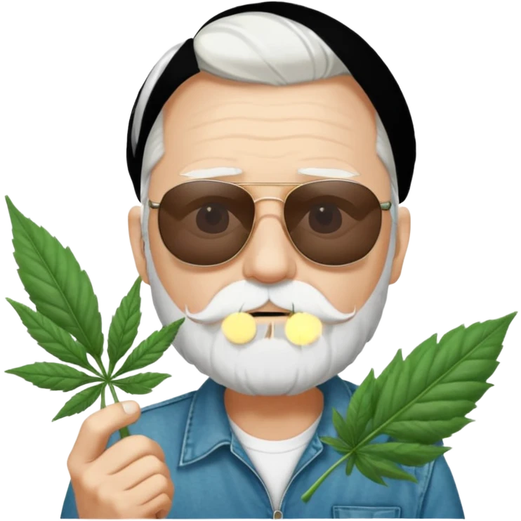 An old skinny guy in his 50's with white hair and stumbly small white beard, he wears a pair of sunglassed and holds a Big marihuana leaf  emoji