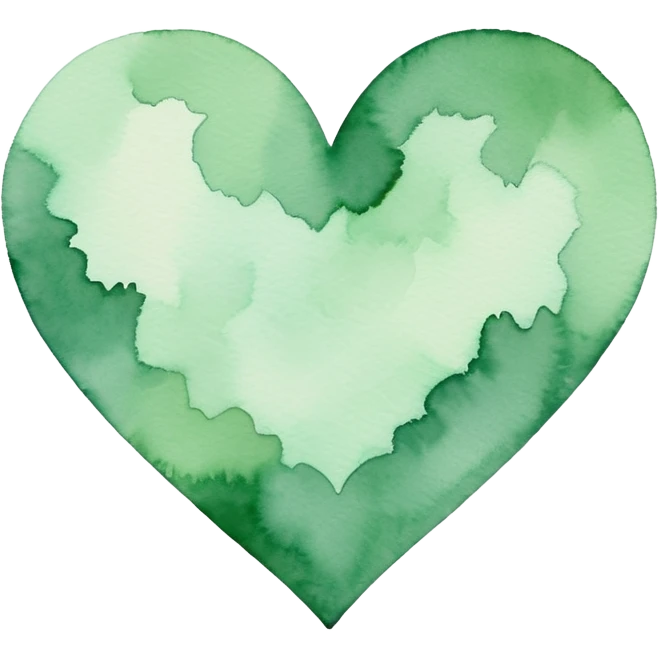 minimalist watercolor heart icon, monochromatic green washes, soft bleeding edges, on textured white paper, serene and emotional, perfect for app icon, transparent background, flat lay --style raw --stylize 150 emoji
