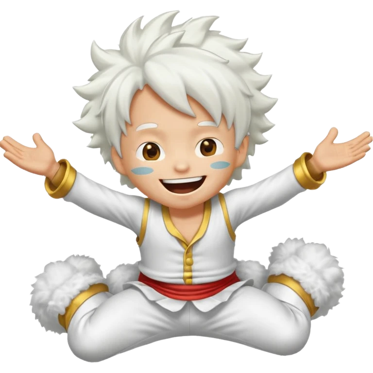 Create a joyful cartoon-style emoji of Luffy as a laughing character with wild, fluffy white hair and a glowing white outfit. The character should have a big open smile, one hand on its face in laughter, and be in a dynamic mid-air pose with bent legs, as if carefree and floating. emoji