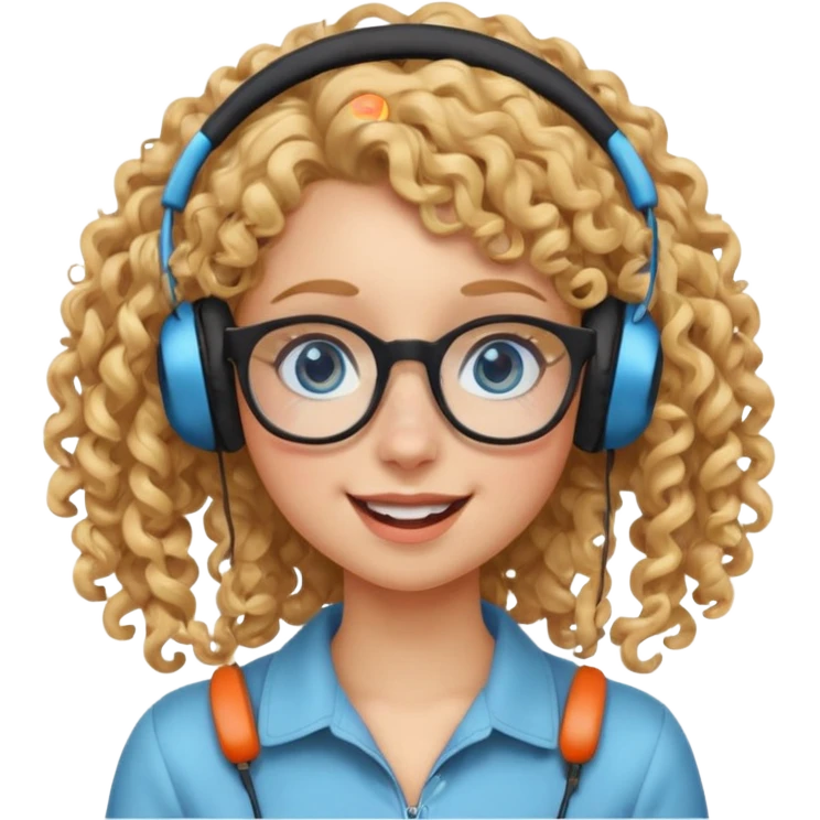 blond kid with unique face features and very curly hair kid girl happy and big glasess and big nose and very blue eyes with freckles kind of nerd looking and headphone wearing emoji