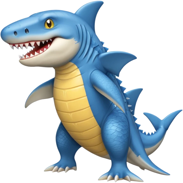 Appearance: The character is predominantly blue with a lighter belly and yellow eyes.
Features: It has large teeth, a shark-like fin on its back, and a tail.
Attire: The crocodile is wearing a pair of light blue and white sneakers.
Pose: It is standing upright on its hind legs. emoji