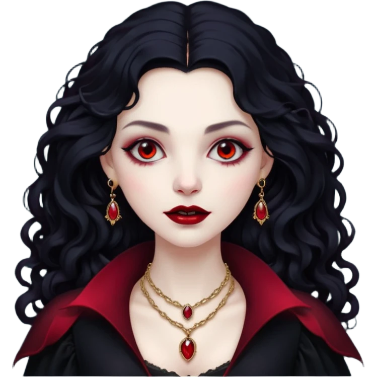 Vampire lady Pale queen with ruby necklace, curly black long hair emoji