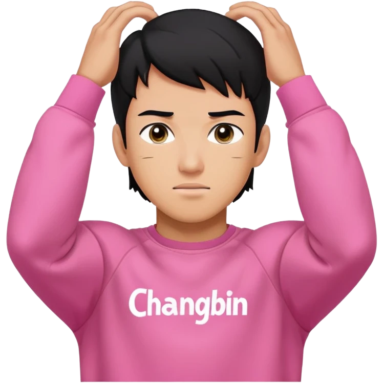 Muscular man with black hair and a pink sweatshirt with the name Changbin over his head emoji
