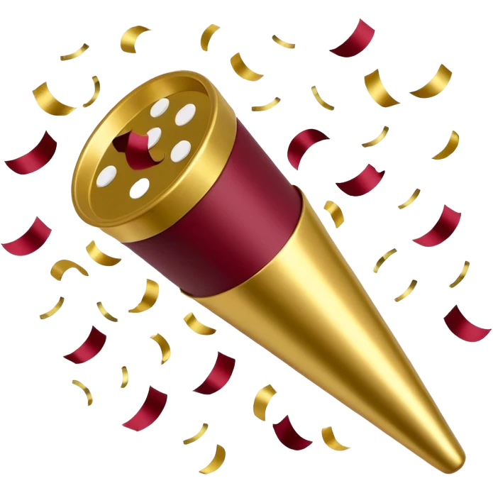 Burgundy and white confetti coming out of gold popper emoji