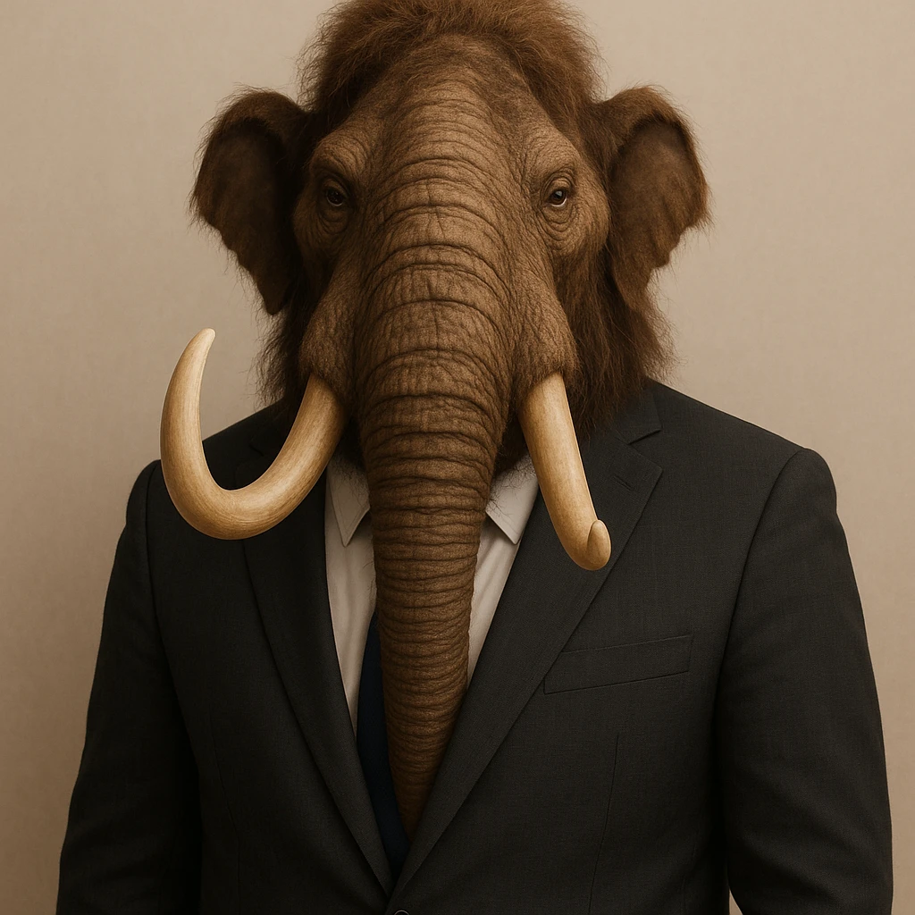 mamut vestido de ejecutivo bancario, con saco, estilo profesional, fondo simple emoji