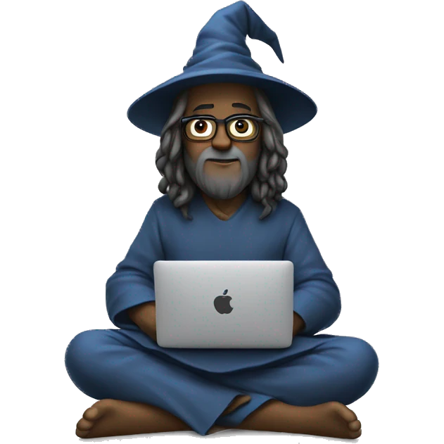Wizard sitting cross legged and doing deep work on a Macbook emoji