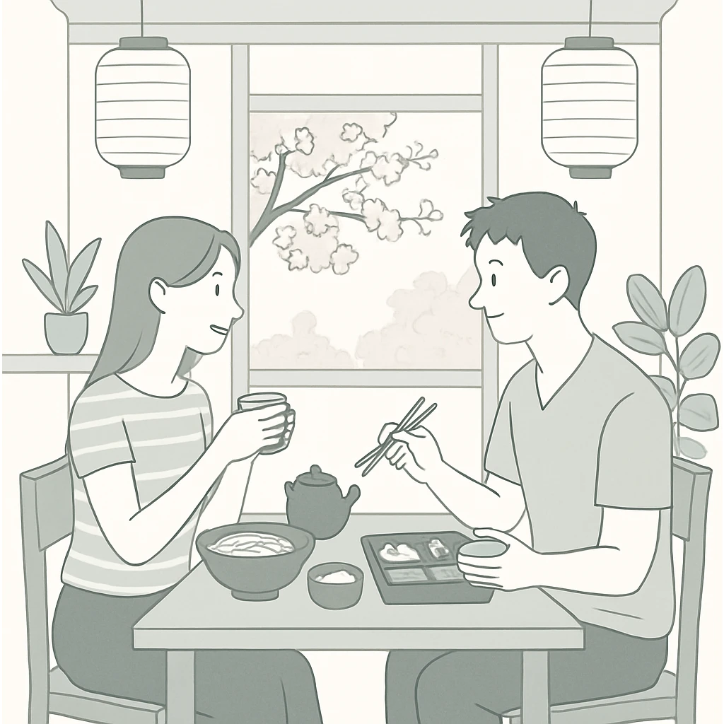 A man and woman sitting across from each other at a small wooden table in a cozy Japanese cafe. They are enjoying traditional Japanese food and tea. The cafe has minimalist decor with paper lanterns, plants, and a view of cherry blossoms outside the window. emoji