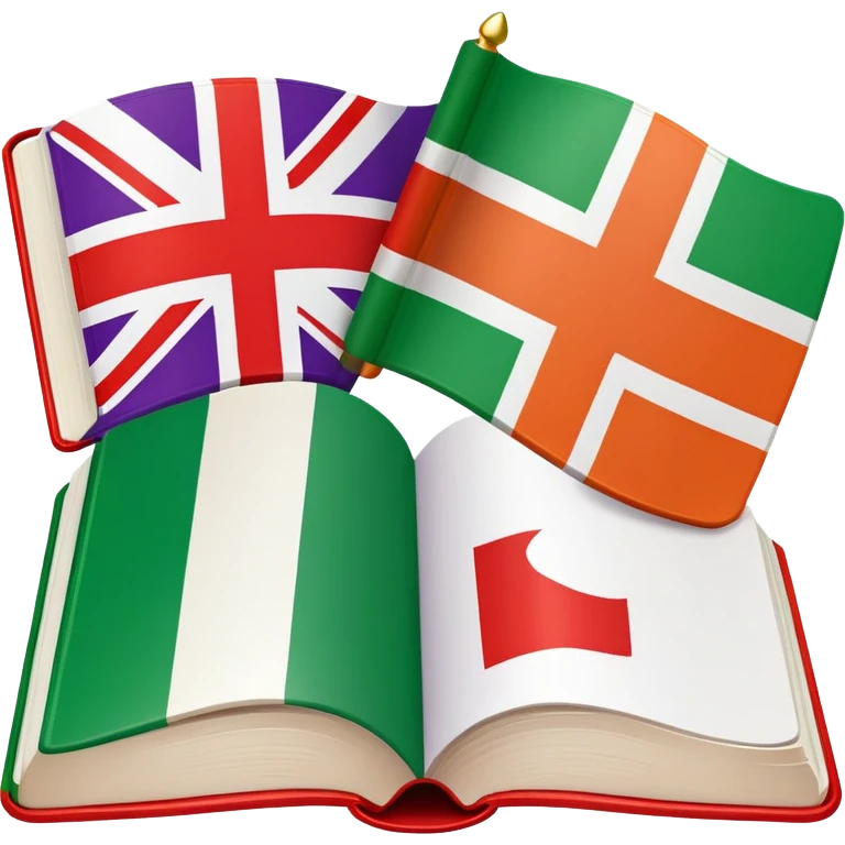 Italian to English dictionary book cover with correct Italian flag and extremely wrong British flag with completely incorrect colors like purple and orange or wrong symbols emoji