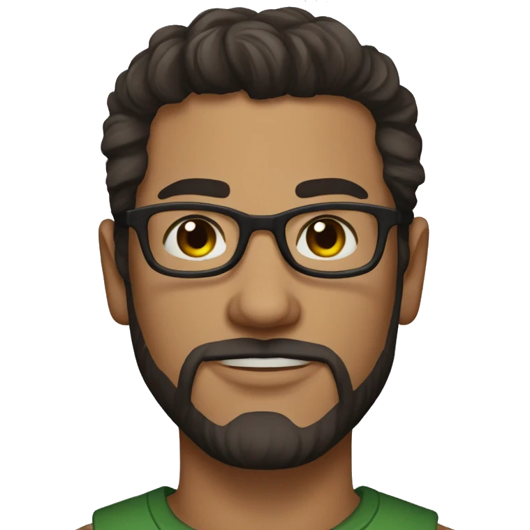 man, green eyes, dark brown hair with a slight gray streak, narrow glasses, tattoo on his hand emoji