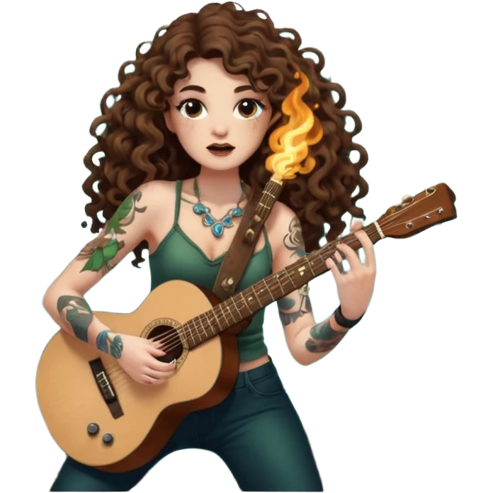 woman with long curly brown hair, brown eyes, white skin, tattoos, blowing glowing forest spores like stage smoke after a guitar solo emoji