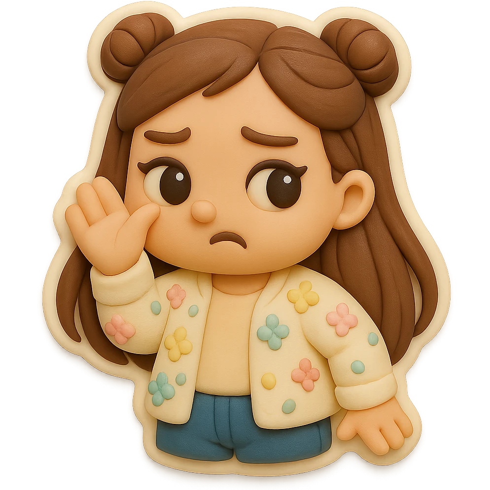 3D chibi fondant cake art style, high-quality rendering with smooth shadows and soft gradients. Girl based on reference image (preserve facial features), long brown hair in two space buns, brown eyes, jeans, pastel floral cardigan, thick white outline like a sticker, transparent background. Waving her hand in front of her nose like 'ew, it stinks'. Make sure her appearance matches previous stickers. emoji