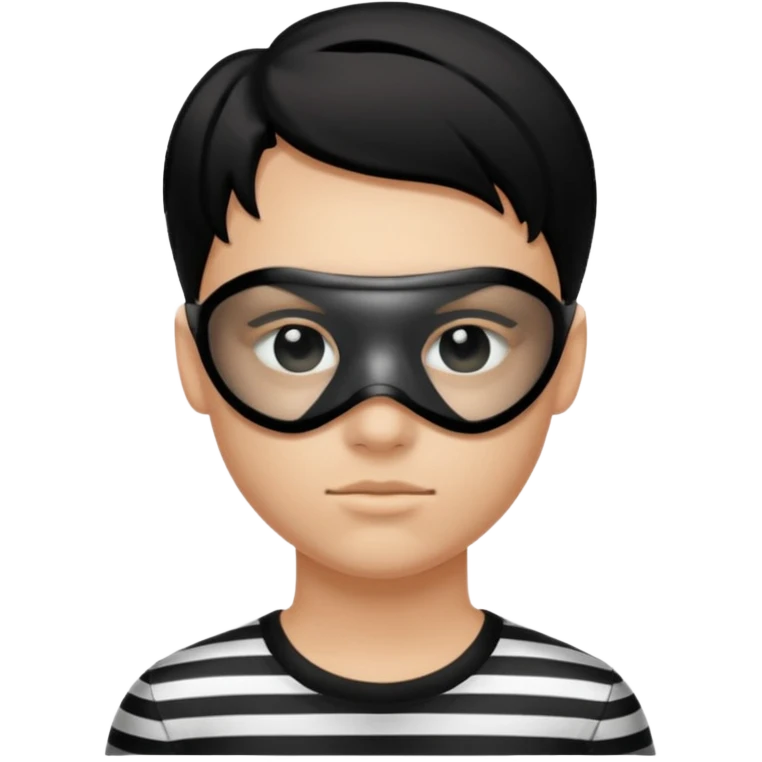 Realistic ios emoji-style portrait of a classic burglar, a black eye mask and a black-and-white striped shirt. Highly detailed, natural skin texture, soft cinematic lighting, realistic shadows, smooth gradients, clean outline, glossy reflections in the eyes.  emoji
