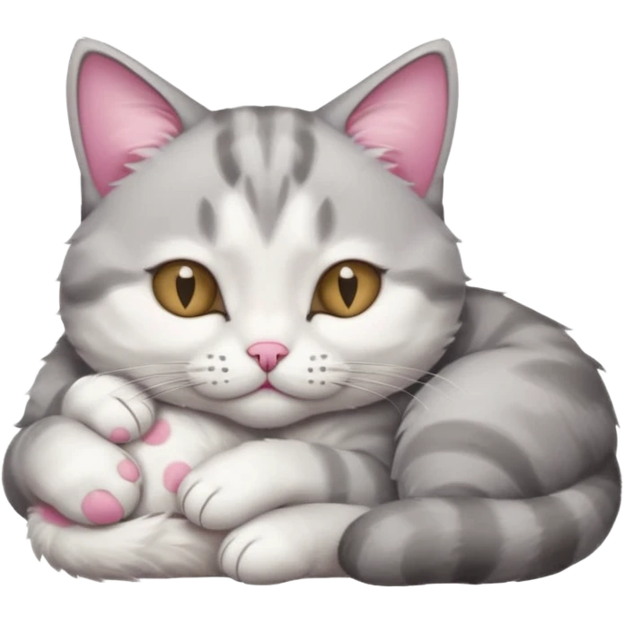 grey and white small cat with its eyes closed lying down with his paw curled under his head holding it up emoji