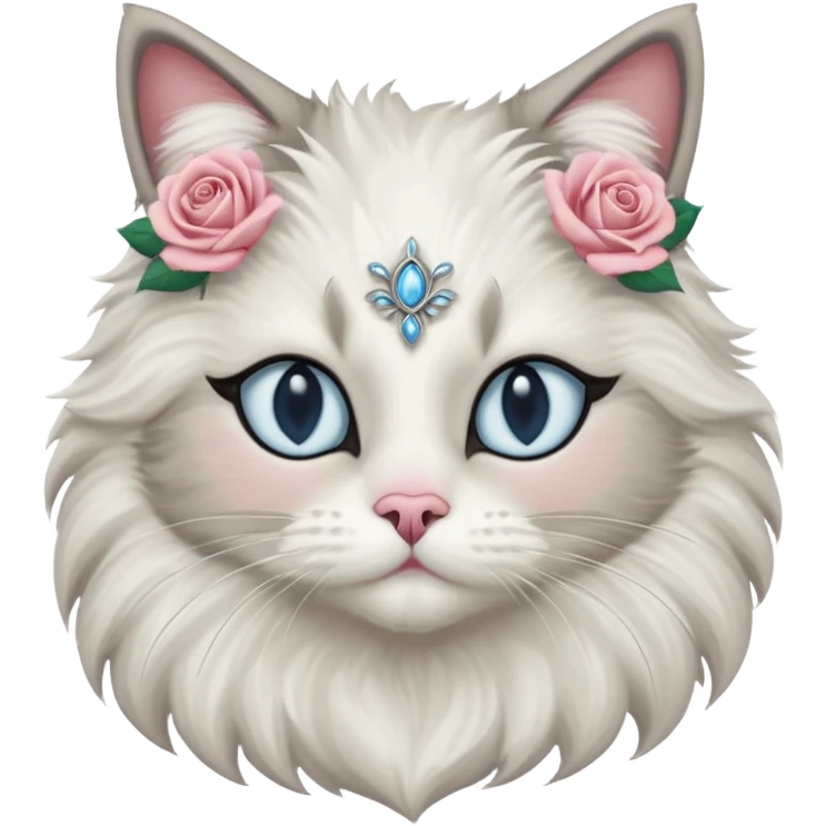 Neva masquerade cat, very fluffy, gray and white, with pale blue eyes and rose nose emoji