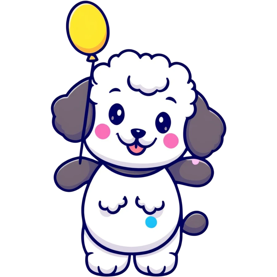 smiling poodle holding a confetti sign board, cheeks blushing emoji
