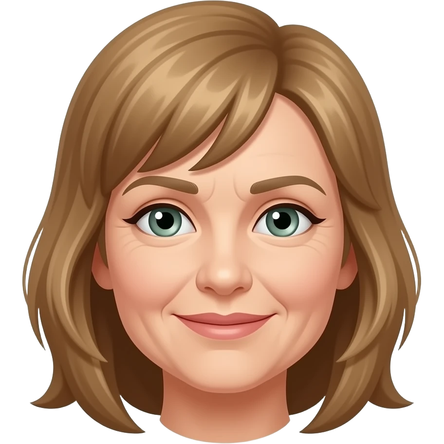50 year old woman with golden brown hair and side bangs and grey-green eyes emoji