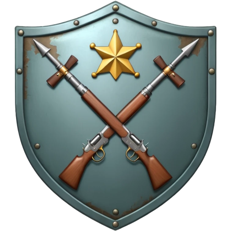 Insignia militar realista para videojuegos de guerra (estilo Battlefield), forma de escudo metálico con bordes desgastados. Incluye:

Símbolo: [fusiles cruzados / águila / estrellas / espada] emoji