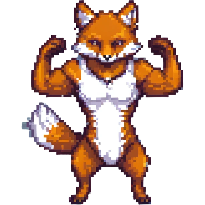 pixel art athletic fox showing strength, inspired by iPhone emoji style, 56x56px emoji