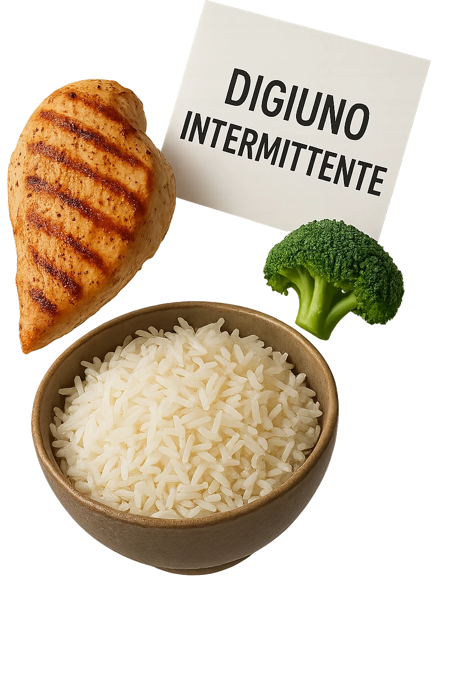petto di pollo grigliato, bowl di riso basmati e broccoletti fluttuano in aria insieme ad un foglio con la scritta "DIGIUNO INTERMITTENTE", iperrealistico 4k emoji