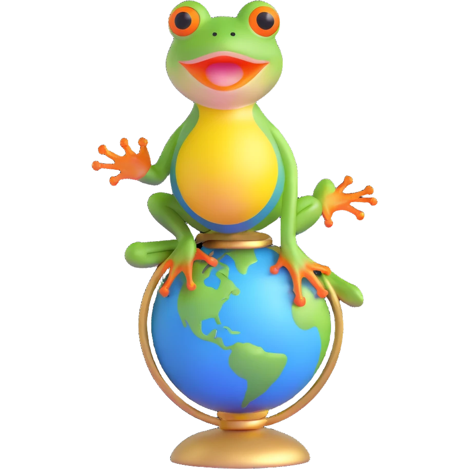 glamorous frog in a choker, standing on a globe emoji