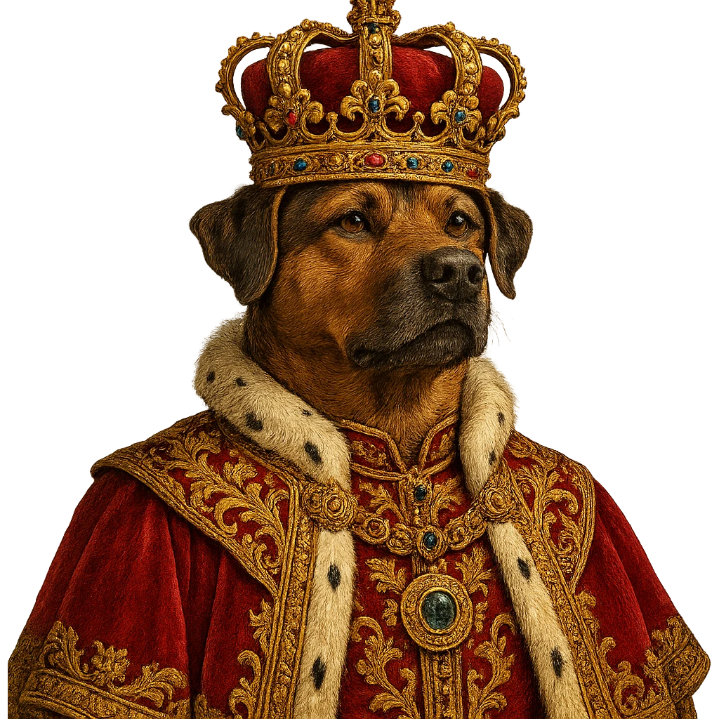 king dog with showy crown, proud and strong, rich decorations emoji