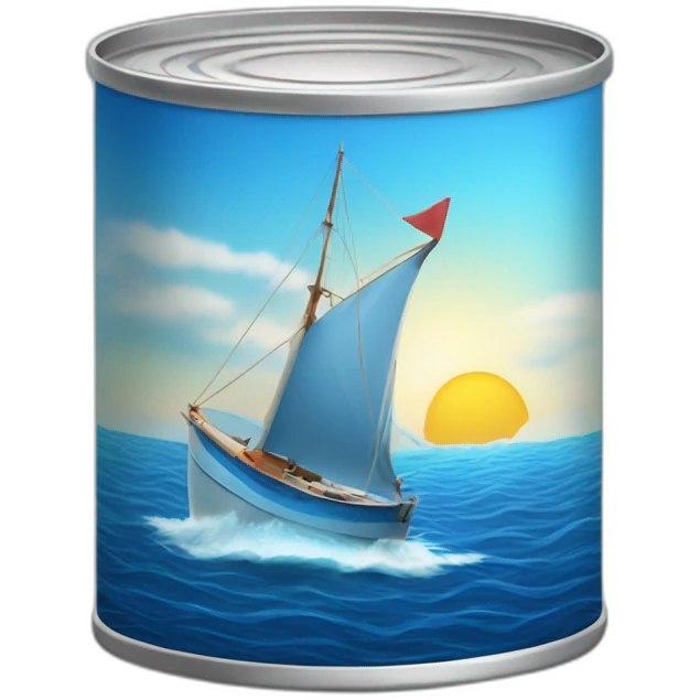 Realistic small can of tuna showing the blue shape of a sailling boat on a sea background emoji