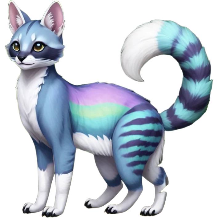 Colorful dark tropical pale light fruity pastel white glorious iridescent divine exotic cute cool beautiful beautiful fantasy-caracal-civet-genet-sergal-vernid-Cacomistle-Trico-oncilla-animal-Fakémon-hybrid-fursona (full body) emoji