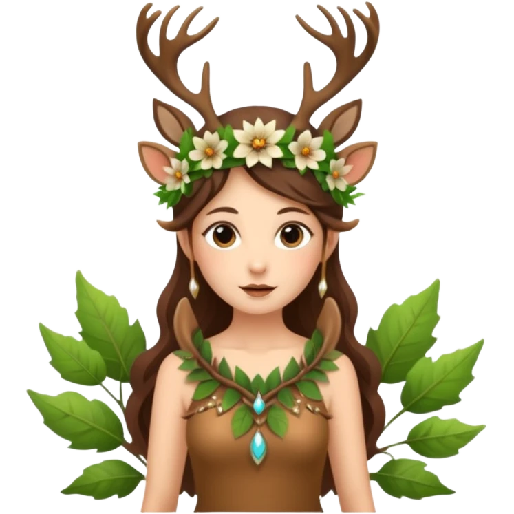 forest fairy woman dressed as deer spirit, antler crown and leaf dress, standing in flowers emoji