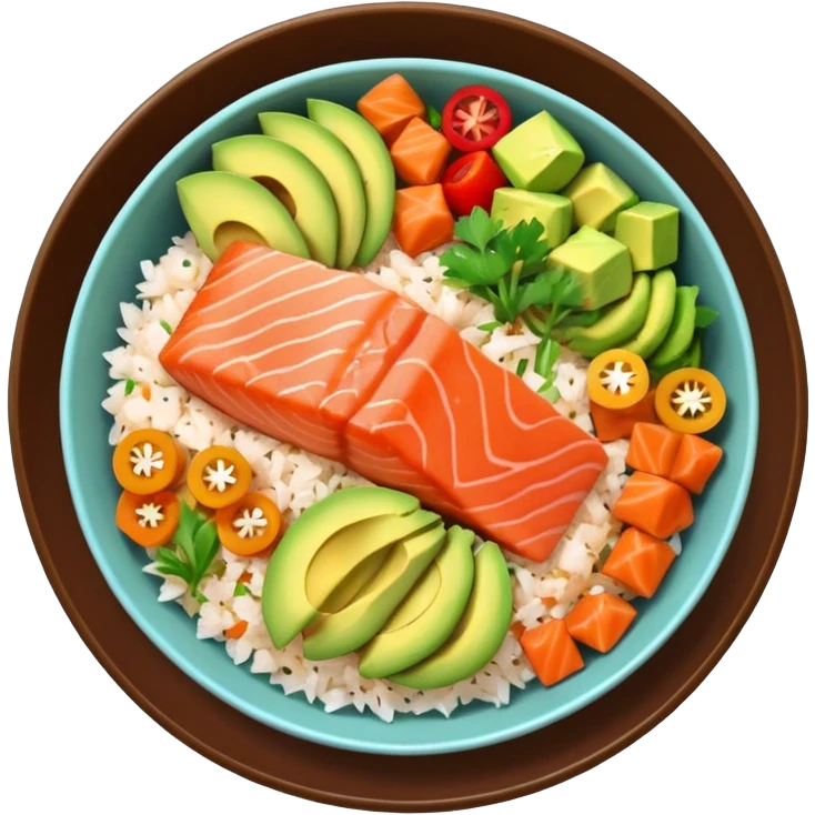 fresh salmon poke bowl viewed from above with salmon cubes, avocado, rice, colorful vegetables, appetizing, simple background, iPhone emoji style emoji