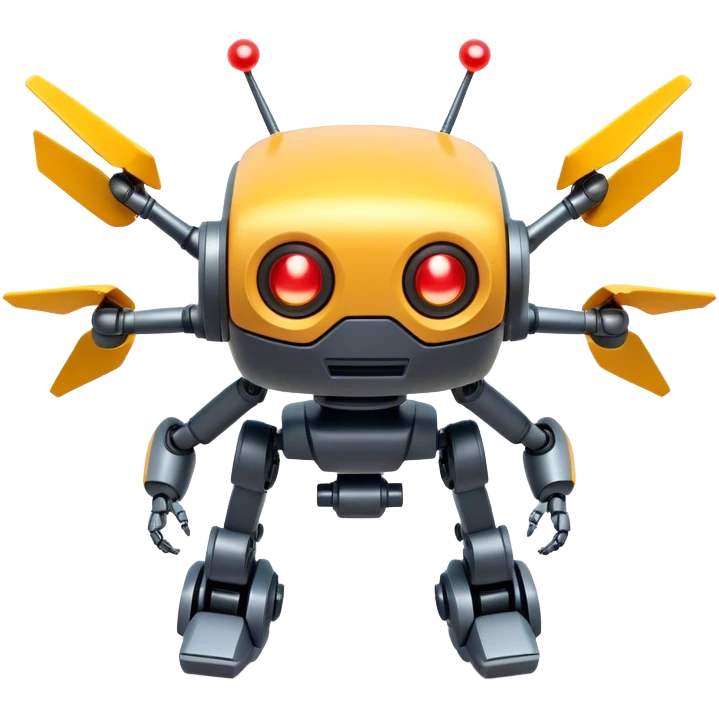 Clash of Clans aesthetic: Cinematic Playful 3D Isometric Robot Drone Emoji, rendered in a 3D vector-style similar to standard emojis with minimal shading and bold, simplified shapes. A compact, distinct form with signature details, softly glowing with a futuristic sci-fi warfare charm. Simplified yet unmistakably iconic, highly detailed and consistent, glowing with a soft radiance and high shine. Stylized with a touch of high-tech brilliance and a soft glowing outline, capturing the essence of a beloved gaming relic with a friendly, playful manner! emoji