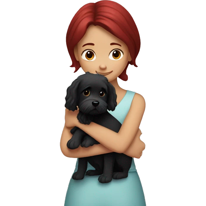 Dark red hair girl hugs  her maltese black dog emoji