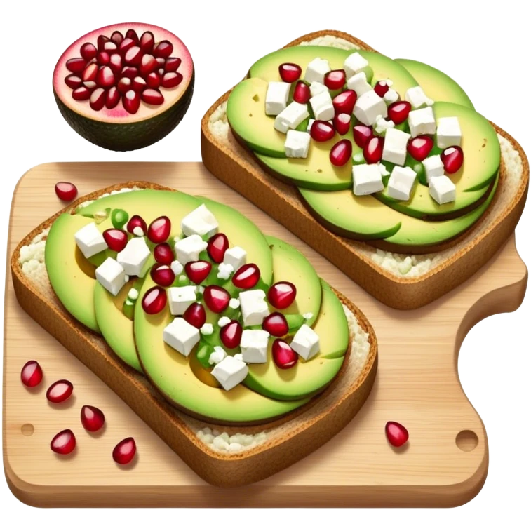 Sliced Avocado toast with pomegranate seeds and feta cheese emoji