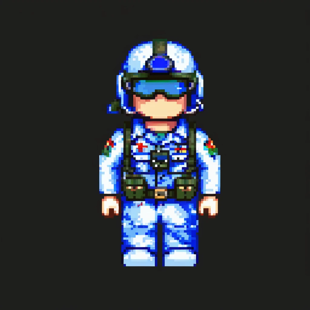 robloxian military man, blocky figure, blue camo, helmet with goggles, standing at attention, simple background emoji
