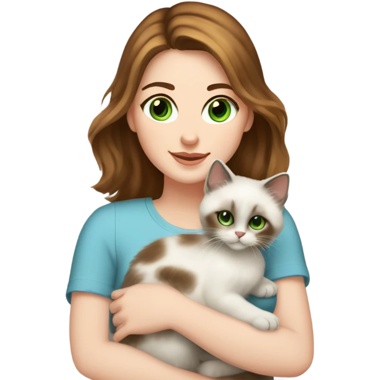 white woman with medium-length brown hair, green eyes and freckles on her nose, holding her birman kitten in her arms with much love, the baby cat has blue eyes, a lot of spots of dark on ears and middle of the face. emoji