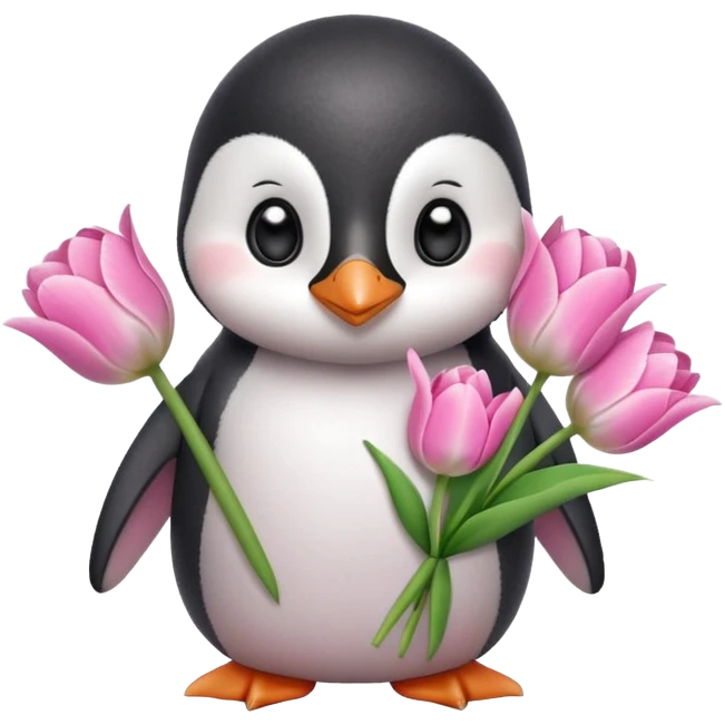 Cute baby penguin holding flower bouquet wraped in white paper and all flowers tulips in pink colour emoji