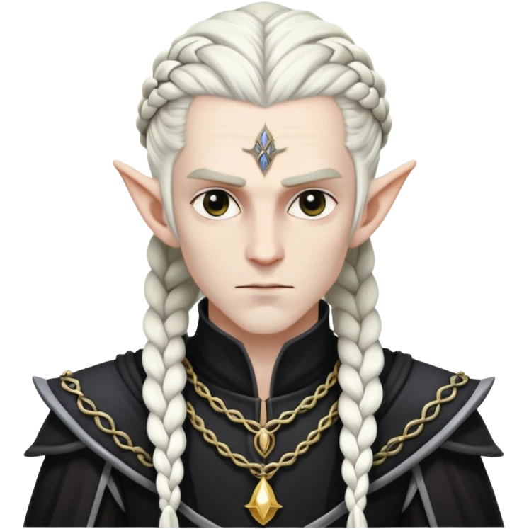 a dark elf king wearing black and white royal garb with his hair braided  emoji