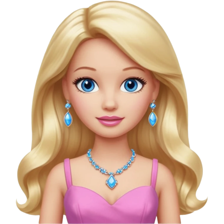 barbie, long blonde hair, pink dress, with blue eyes,different dress,ear rings, jewelry. emoji