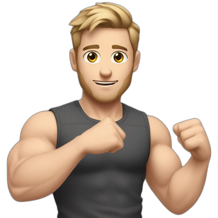 Close up Actively gesturing  with hands Pale skinned Fit Man With the biceps and brown hair in dark gray Sleeveless Mike, black oversize sports shorts, watch and white Sneakers emoji