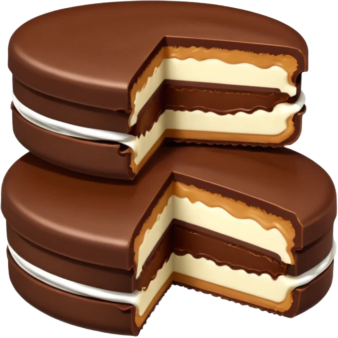 alfajor típico relleno de dulce de leche y cubierto de chocolate, mordido emoji