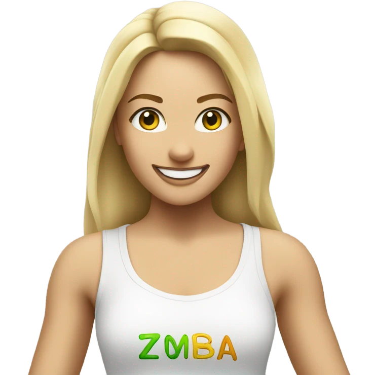 Blond smiling and dancing girl with Zumba logo on white t-shirt emoji