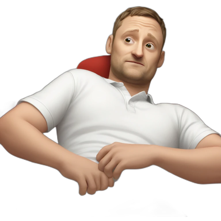 tim robinson very tired laying down on a red couch in a white polo shirt, chest up clean shaven, laying flat across couch emoji